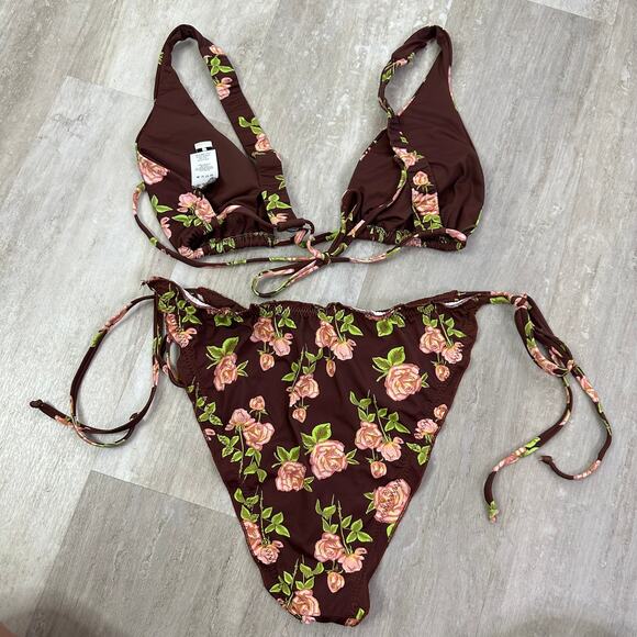 Dippin Daisys Brown Pink Rose Floral Bikini Swimsuit Set Size XL - Picture 6 of 6